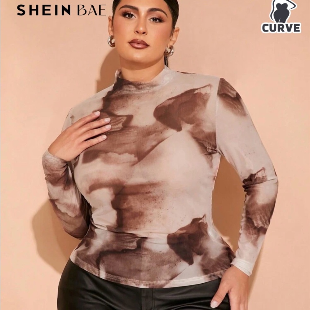 SHEIN BAE Women's Brown Abstract Long Sleeve Top